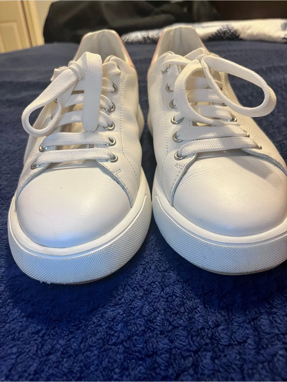 Stuart Weitzman White Leather Sneakers with Pink Heel Accent